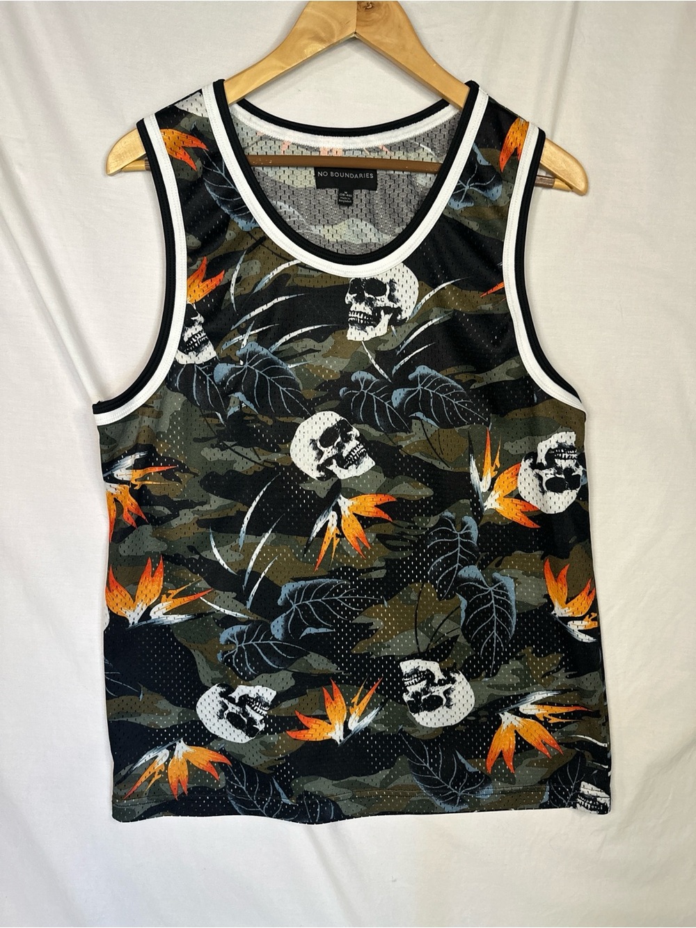 No Boundaries Black Olive Orange Skull Camo Mesh Tank